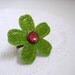Vinyl Flower Ring in citron green sparkle vinyl / coral pink Swarovski crystal with adjustable antique brass band
