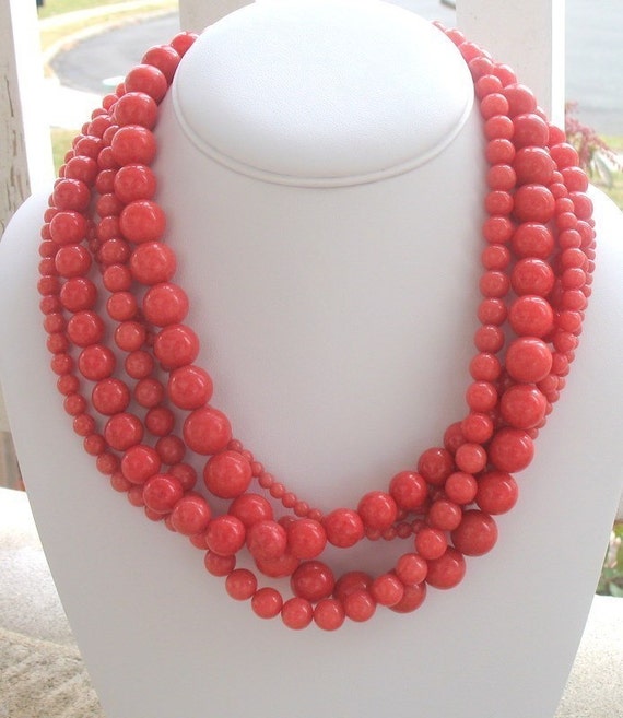 Chunky Necklace in Coral Pink Multi-Strand by DeniseJewelryDesigns