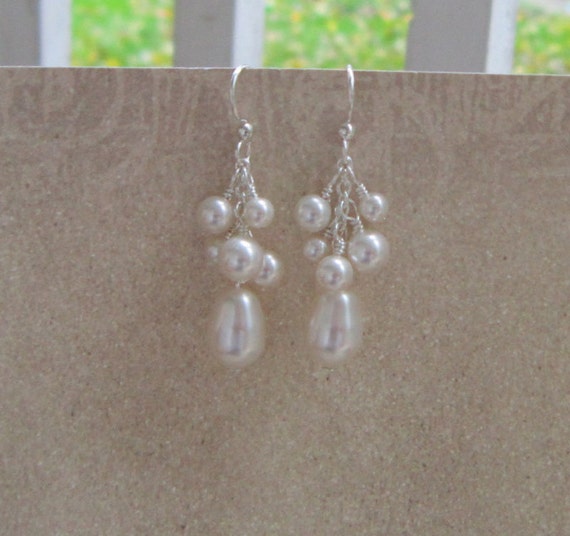 Bridal Pearl Earrings Cluster Dangles I by DeniseJewelryDesigns