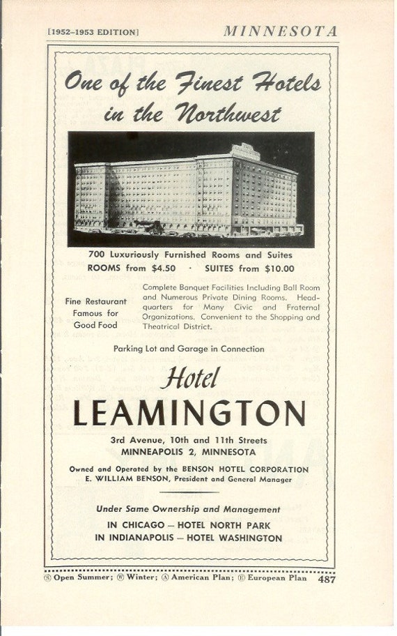 1950s Hotel Advertisement Leamington Minneapolis Minnesota