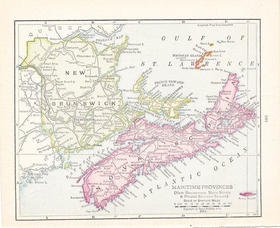 1900 Map Maritime Provinces New Brunswick Nova Scotia by Holcroft