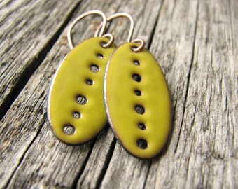 Sunny Yellow Enamel Earrings, Copper Dangle Earrings / europeanstreetteam