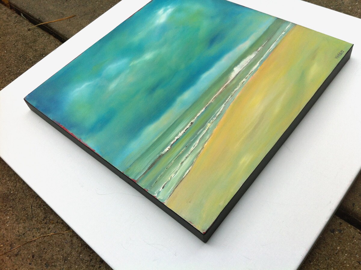 Original oil beachscape painting seafoam green gold
