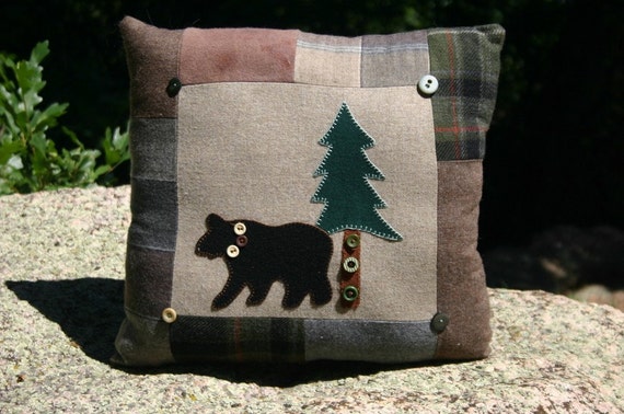Bear Pillow Cabin Wool Upcycled Lodge Decor Cabin Throw Pillow