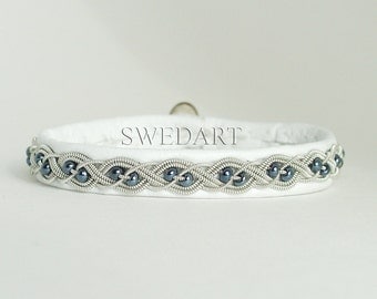 SwedArt B20 Aurora Lapland Sami Leather Bracelet Pewter Braid Hematite Beads Antler Button 3/8" Wide White LARGE