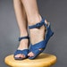 STUDDED DENIM WEDGES like Jimmy CHOO. 1980s peep toe vintage wedge sandals (8.5)