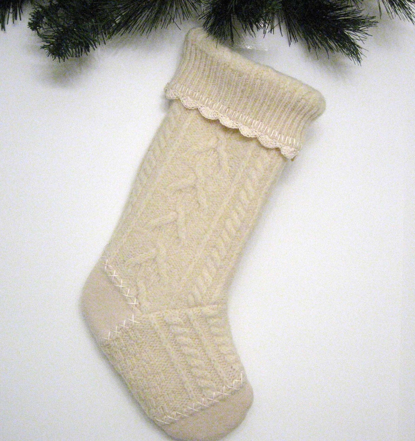 Cream Cable Knit Christmas Stocking Handmade from Felted Wool