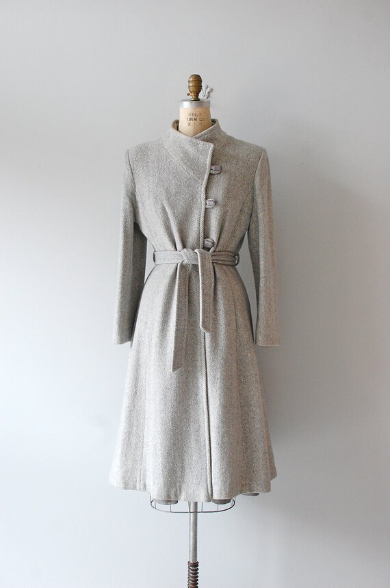 gray coat / belted wool coat / Gray Herringbone Wool coat