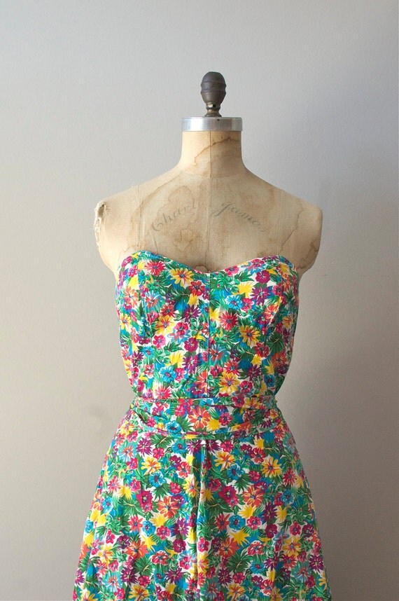 floral print dress / 80s floral sundress / strapless