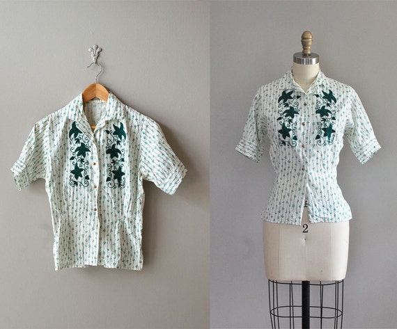 1950s blouse / embroidered cotton 50s blouse / by DearGolden