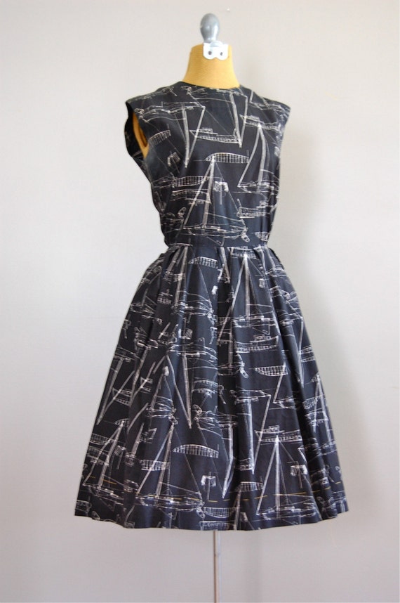 vintage 1950s SAILBOAT Blueprint Cotton Dress