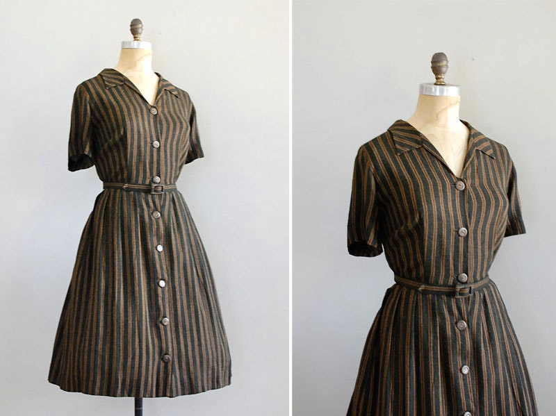 vintage 1950s dress / 50s shirtwaist / Licorice Stripe dress