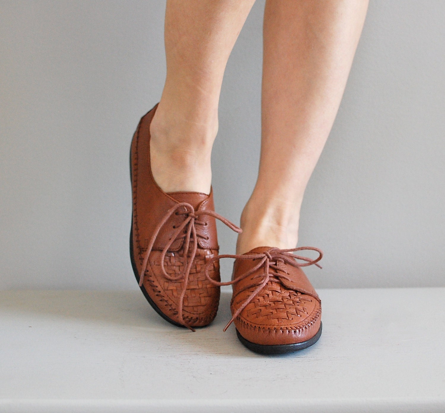 leather oxfords / lace up loafers / Basketweave by DearGolden