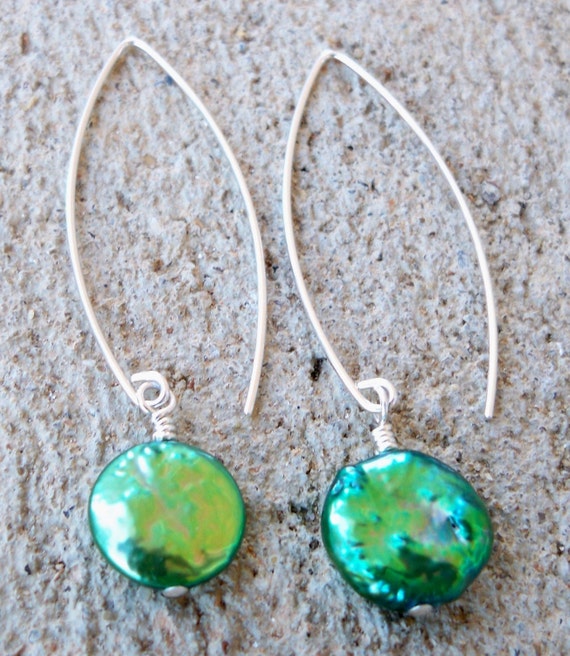 Green Freshwater Coin Pearls Sterling Silver Earrings