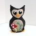 Sale- felt owl- wee feltie owlet in charcoal with mushroom and flowers- Ready to ship