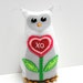 Sale- felt owl- 8 inch stuffed Hoot owl in white and gray with pink, red heart bloom "xo", love