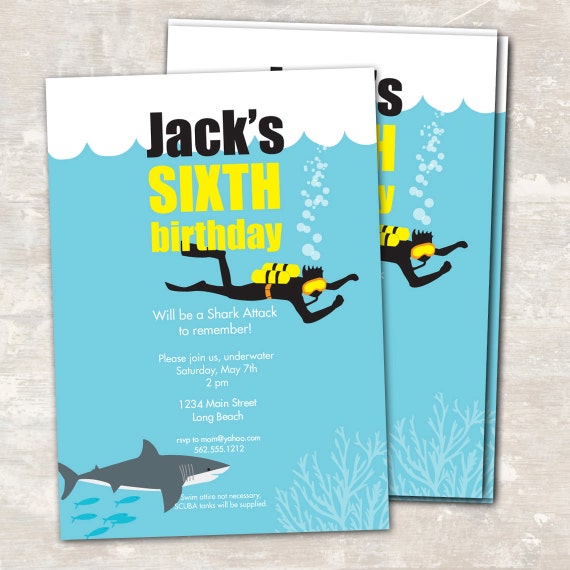 PRINT & SHIP Shark and Scuba Birthday Party Invitations (set of 12) >> personalized and shipped to you << Paper and Cake Il_570xn