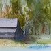 ORIGINAL Watercolour Painting of Barn in autumn Small farm painting 5 x 7 sale (Barn Painting with trees in chocolate brown blue green)