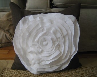 French Rose Pillow in Chocolate Brown Linen with White Rose