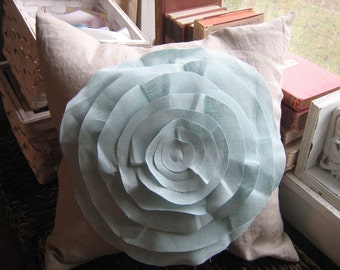 16x16 French Rose Pillow in Oatmeal and Robin Egg Blue Linen
