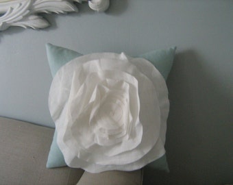 French Rose Pillow in Robins Egg Blue Linen with Ivory Rose