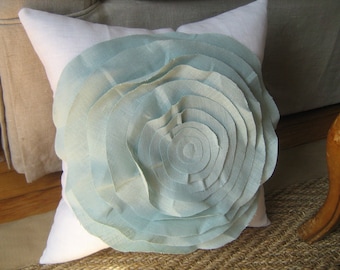Stuffed French Rose Pillow in White and Robins Egg Blue