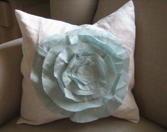 French Rose Pillow In White and Robins Egg Blue Linen