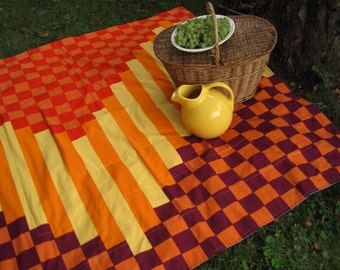 As Seen in Romantic Homes Magazine - PICNIC blanket in rare Marimekko geometric purple orange gold for alfresco dining (fabric out of print)