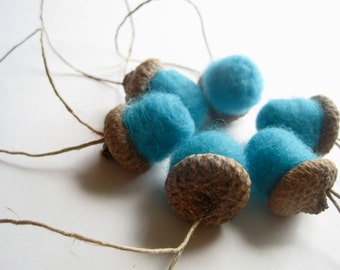 Giant Felted Wool Acorns - Christmas Ornaments SET of 6 - Winter Home Decor in Turquoise Blue - Tree Decorations