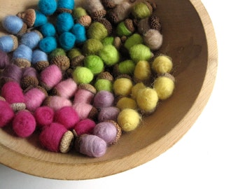 giant SET of 60 felted wool acorns - 1980s neon remix rainbow / eco friendly home decor table decorations - SALE