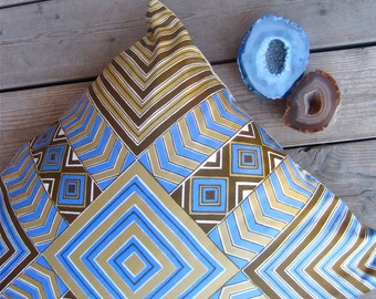 Tribal Vera Silk Throw PILLOW Cover - Handmade Sham With 1970s Vera Western Native American Indian Silk in Blue Gold Brown (Ready to Ship)
