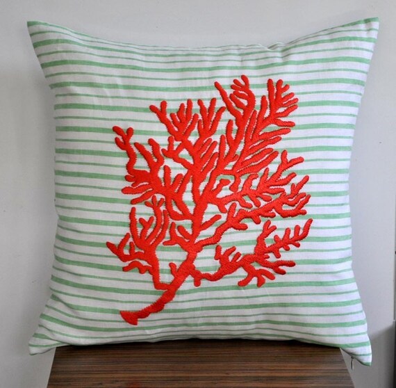 Items similar to Coral Throw Pillow Cover, Green White Striped Linen