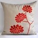 Orange Peonies Throw Pillow Cover - 18" x 18" Embroidered Decorative Pillow Cover - Tan Linen with Orange Floral Embroidery