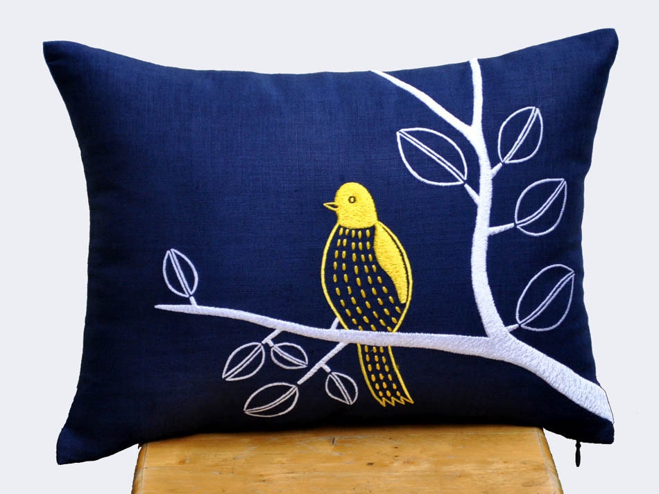 Bird on Branch Lumbar Pillow Cover Navy Blue Linen by KainKain