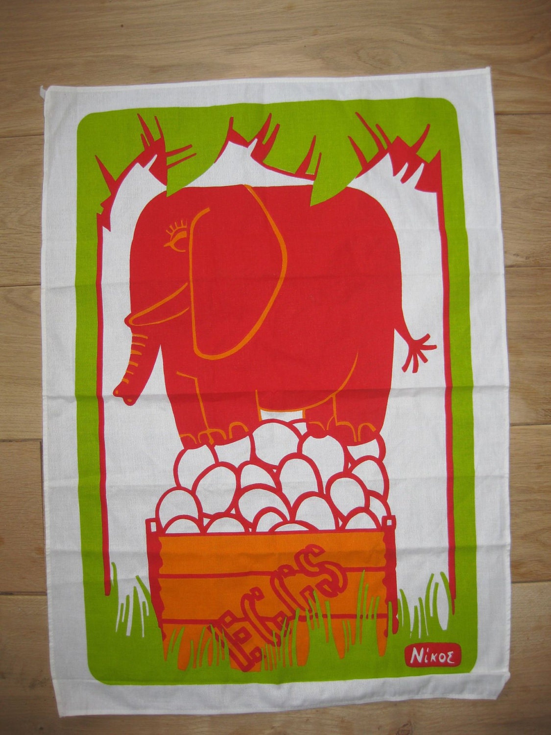Cute vintage red elephant linen tea towel