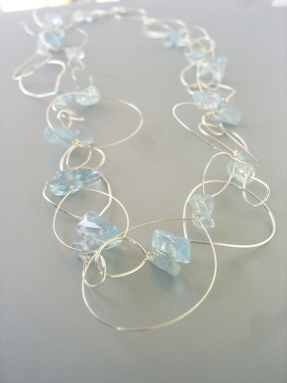 Unique Wire Jewelry - Silver Abstract Wire Aquamarine Hoop Necklace