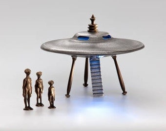 Flying Saucer, Cast Bronze and Aluminum With Alien Figures