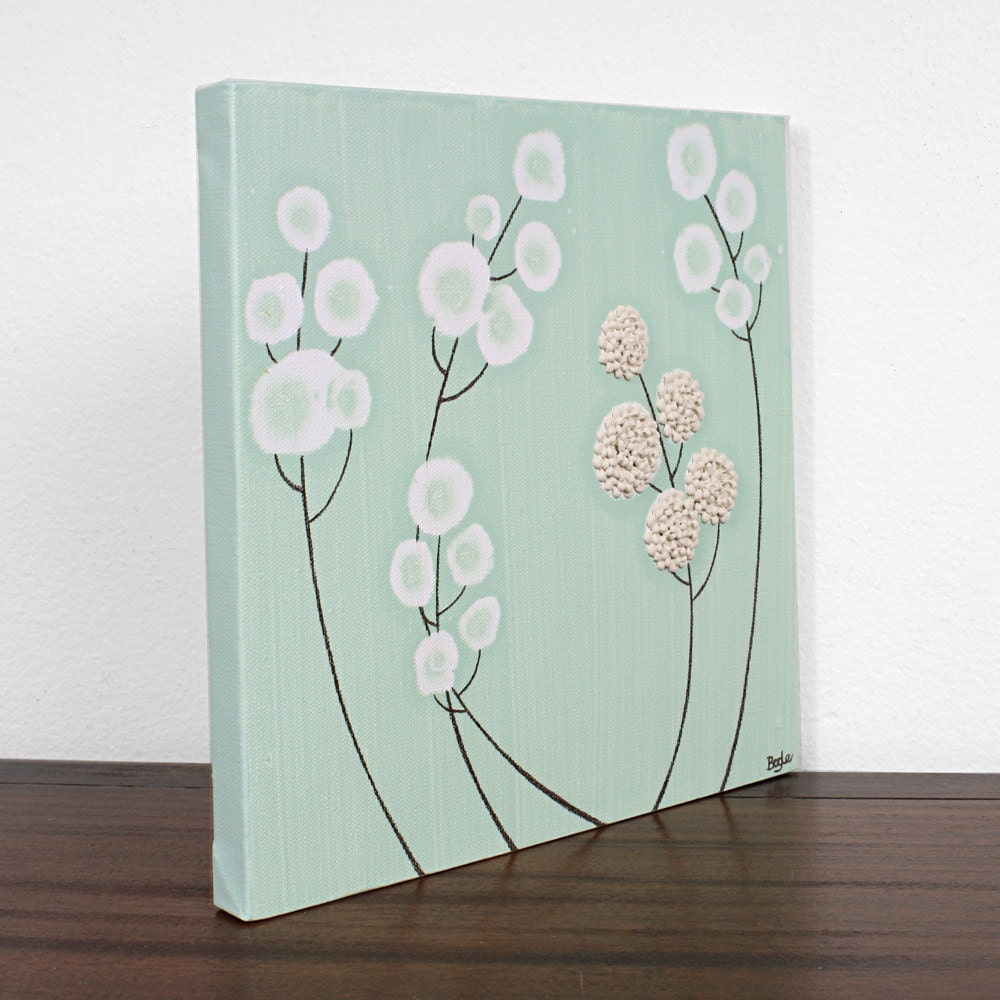 Original Green Painting Canvas Art with Textured Wildflower