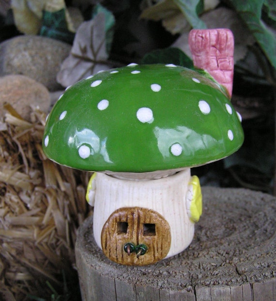  Ceramic Mushroom House  Green anamita tooth Fairy house 