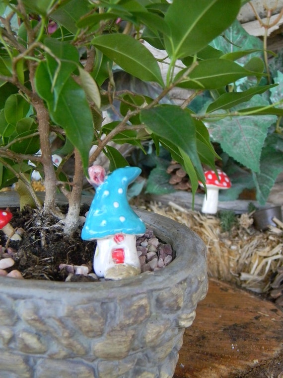  Ceramic Mushroom House  Miniature turquoise amanita little