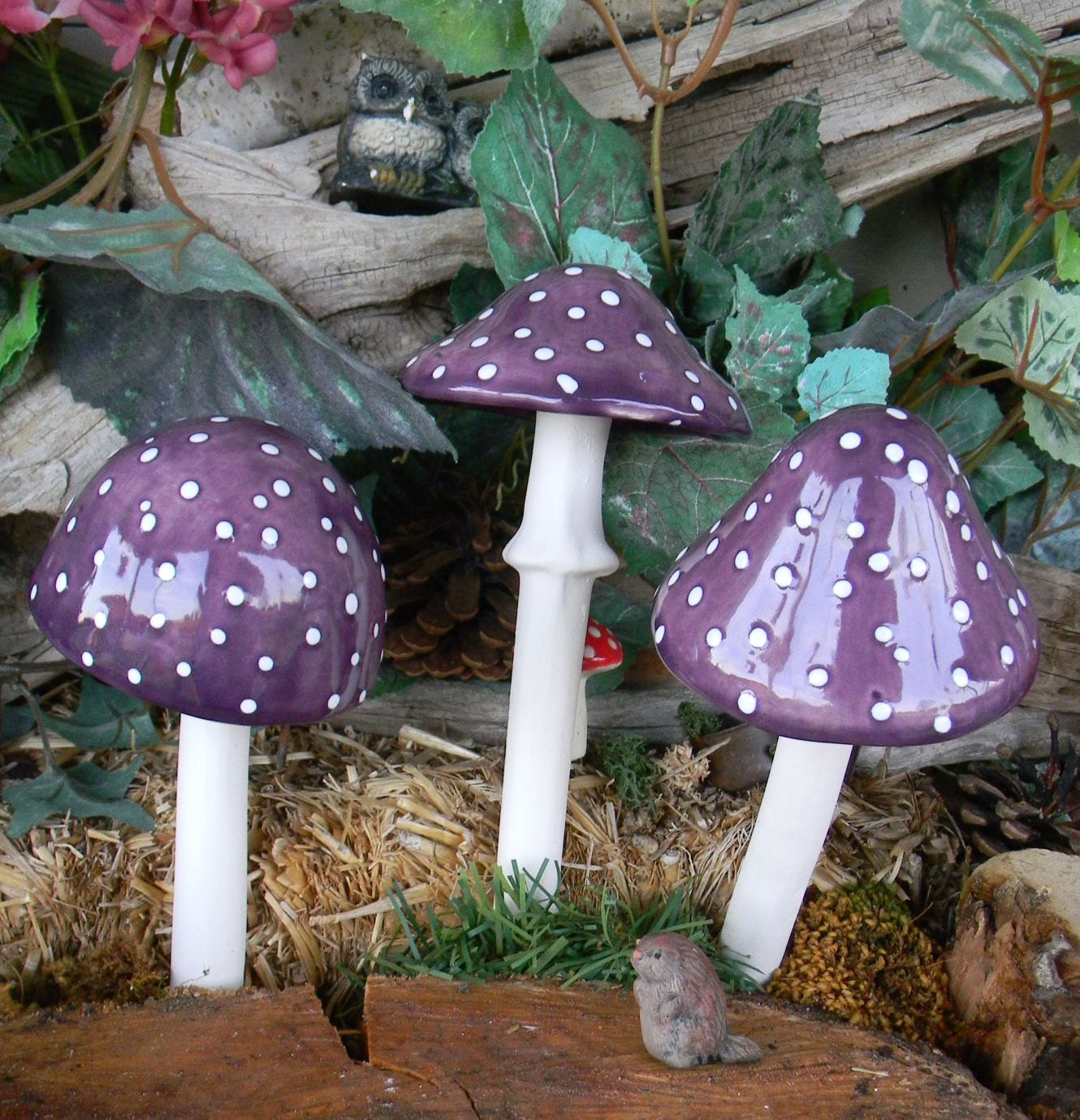3 Mushroom Garden Stakes Ceramic Shroomz Fairy Purple Amanita