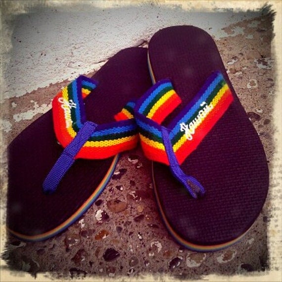 retro 80s rainbow flip flops