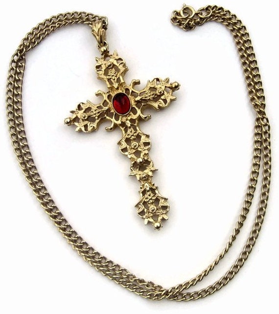 Vintage Avon Cross Necklace Red Stone Gold Tone Costume