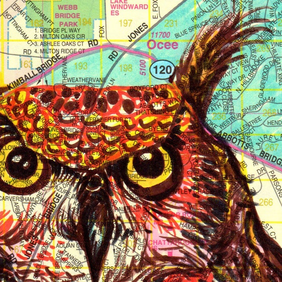 Items similar to Map 22 with Owl Art Print on Etsy