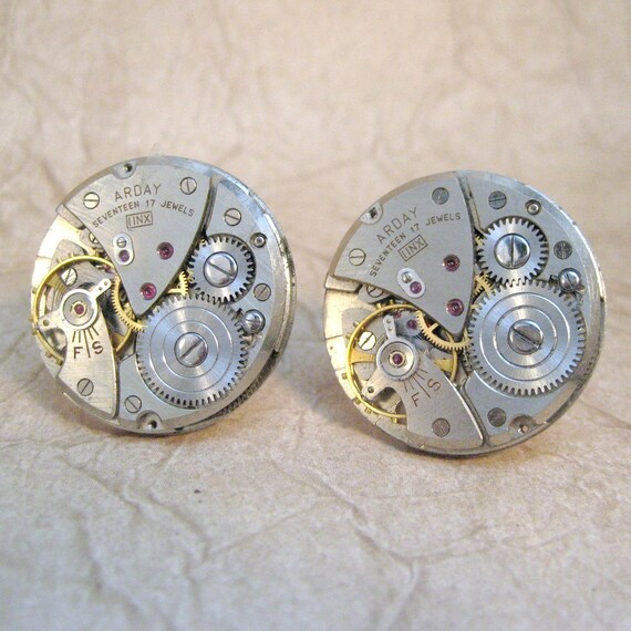 Steampunk Cufflinks Vintage Repurposed Arday 17 Jewel Watch