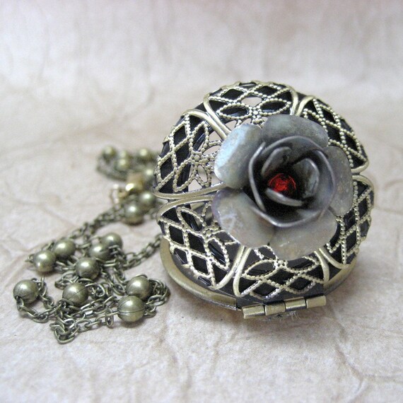 Rose Scent Locket Antique Gold Tone Filigree Neo Victorian