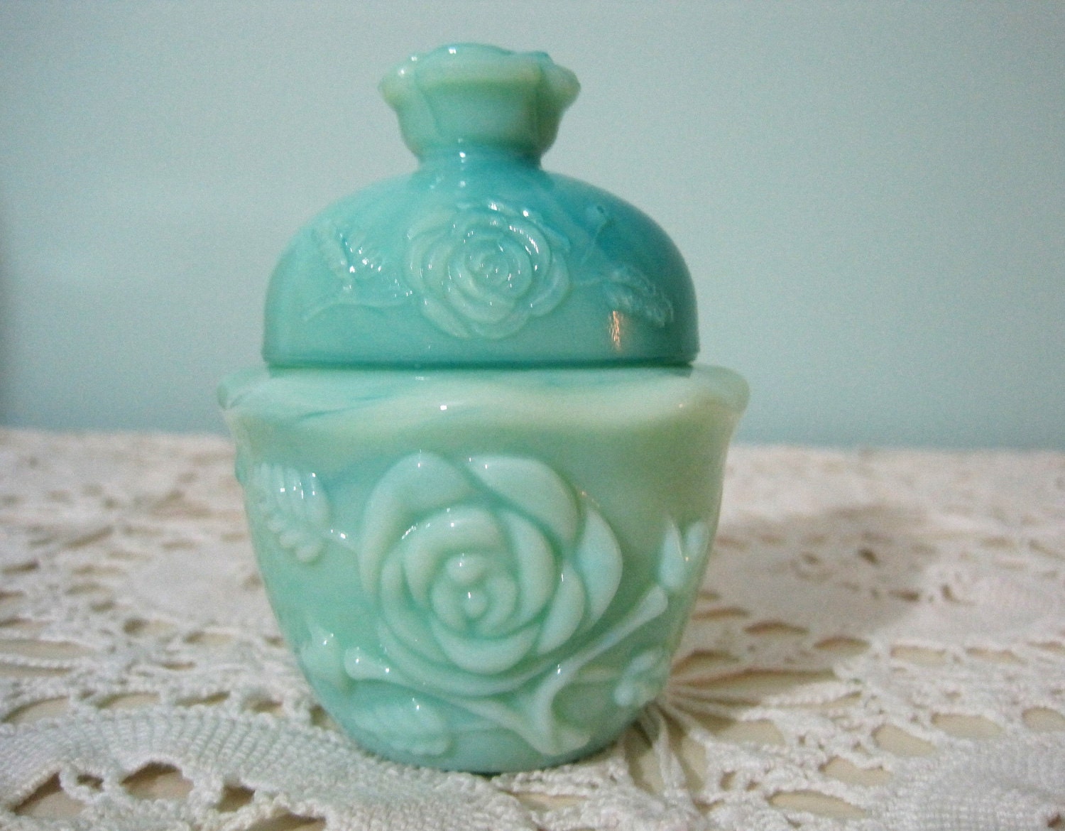 Vintage Turquoise Blue Milk Glass Avon Jar/Bottle