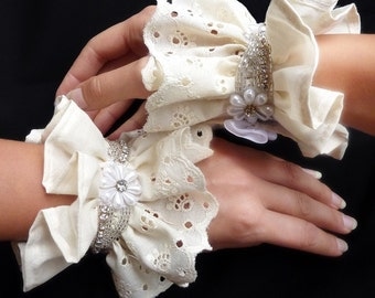 Victorian Lace Cuffs - Ivory Eyelet with Crystal Trim - Neo-Victorian