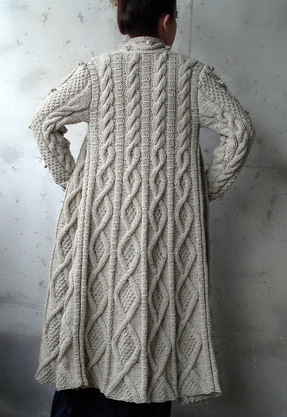 Beige Cable Long Knitted Coat Cardigan by Uniquebethea on Etsy