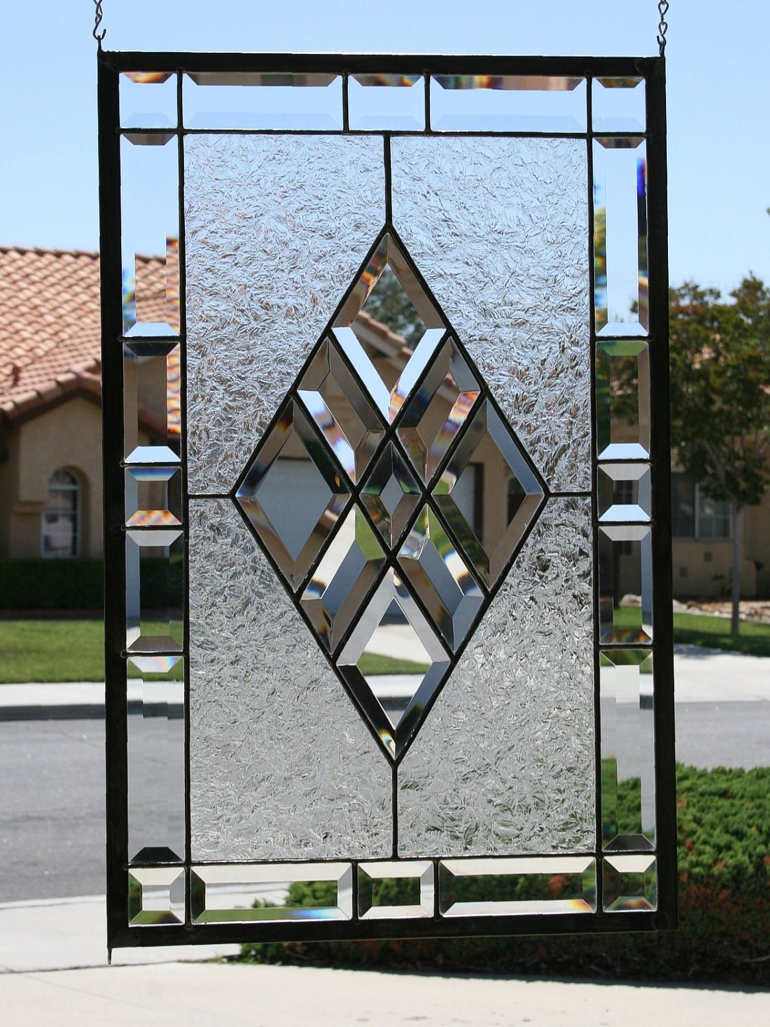Beveled Diamonds Large Clear Stained Glass Window Panel